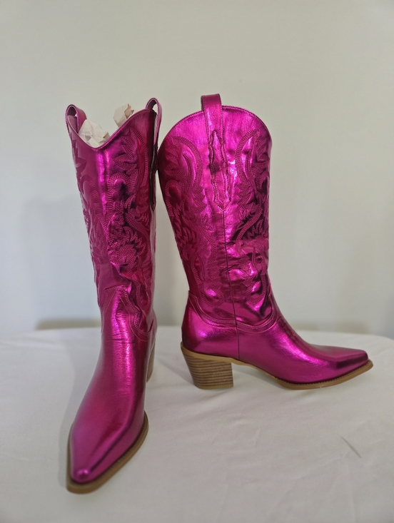 Shoes - Metallic Pink Western Cowboy Boots - Women's Fashion Boots